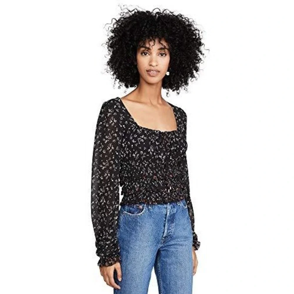 Free People Floral Smocked Crop Top Womens L Black Long Sleeve Chiffon Blouse